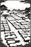 Placeholder: landscape, Japanese open air flat cemetery with thousand gravestones, high detail, manga style, grayscale