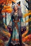 Placeholder: full body, close up fantasy portrait, of a cool female silver fox bohemian , with highly detailed hair and facial features, in a flowing, ornate peasant dress in an otherworldly, mystical and enchanted forest ,in the painting style of Egon Schiele, Arthur Streeton and Peter Wileman in vibrant autumnal colors