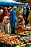 Placeholder: oriental arabic childeren at a market in a back vieuw distance panting neoclassism