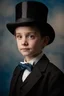 Placeholder: facial portrait - 10-year-old Abraham Lincoln is posing for his school picture - wearing a black suit and tie and a top hat - Sparkling, Sky blue Background, professional quality studio 8x10 UHD Digital photograph by Scott Kendall - multicolored spotlight, Photorealistic, realistic stock photo, Professional quality Photograph. colored Fog