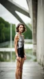 Placeholder: beautiful anorexic woman, total shot, short silver triathlon swimsuit, short brunette wavy bob hair, blurred concrete background