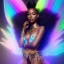 Placeholder: full body shot, masterpiece, best quality, black skinned, sparkling eyes, long hair, gorgeous African Fairy queen,wings,fluorescent skin,light blue makeup,sparkly glass diamond transparentsynthwave, light indigo, trasparent , irridescent, highly detailed body, sun light, 4K, RAW, depth of field, high contrast, realistic details, 24mm vaporwave aesthetic, synthwave, artstation, concept art, smooth, extremely sharp detail, finely tuned detail, ultra high definition, 8 k, unreal engine 5, ultra sha