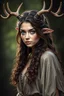 Placeholder: A female fantasy druid with antlers, olive toned skin, long brown curly hair, green eyes, Quirky face, Photorealistic style