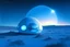 Placeholder: vaisseau cosmique rond, lumière bleu, paysage