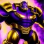 Placeholder: fullbody portrait in oil on canvas of Thanos with Big Golden Hulkbuster armor, intense stare, masterpiece, realistic, intricate detail, sci-fi fantasy style, volumetric lighting, particles, highly detailed ,cinematic , deep colours, 8k, by Robert E Howard and Ken Kelly