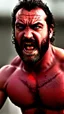 Placeholder: extreme close up photography of 40 years old burly muscular chubby very ugly spanish plumber yells angrily, in tank top and overalls beard, sweat, manly chest, bulge, long curly hair, vampire teeth and fangs, bloodshot eyes, photorealistic, 80mm lens, Canon EOS, hyper-realistic, very detailed, angry eyes, natural colours, sunlight