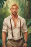 Placeholder: Handsome blond man in his 30s, rich male face, businessman, fulfilling challenges of courage in a dangerous jungle, suffering and bleeding