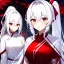 Placeholder: Clear focus, 8k, beautiful lighting, vibrant colors, girl, white hair, long hair, vibrant red eyes, ponytail, same twins, white hair, red eyes, same clothes, miko, hair in between the eyes,