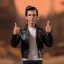 Placeholder: wide view young Plastic Fonzie with black hair greaser toy Action figure doll 1975 (thumbs-up) (face) Forehead grin, fonzarelli, jukebox background, eyes