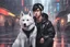 Placeholder: cute Asian guy, dark short hair, wearing headphones, modern Chinese city, black and white husky dog on a thick leash, beautiful hands, big eyes, black sports stylish suit, white sneakers, Wednesday Adam in 8k anime cgi drawing style, Adam family them, neon effect, close picture, rain, highly detailed, high details, detailed portrait, masterpiece,ultra detailed, ultra quality, large tv, cyberpunk, face mask