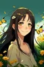 Placeholder: female with long, black hair and big A mixture of Brown light and dark eyes with long eyelashes.A little freckled. Always smile. She ties her hair. Her haircut is butterfly and straight.Two pieces of hair are always in front.short forehead.light skin Beautiful background scenery of Camomile behind her. Graphics Studio Ghibli