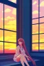 Placeholder: anime style illustration, sad girl sitting on the balcony, looking out of the window, sunset, breeze, shot from inside the house, grain, makoto shinkai, key visual