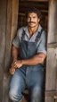 Placeholder: half figure photography of a burly beefy muscular brazilian farmer 29 years old, sweat, short curly hair, big moustach, manly chest, hand on the fap, manly chest with dirty overalls, on the door of a large barn, under the sun