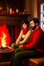 Placeholder: Fire place Christmas scene, dark haired couple, man with short black beard, blue eyes, sketch