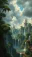 Placeholder: Bosch painting style, nightmare , the hanging gardens of Babylon, trees , building waterfalls , great quality picture with cinematic scenes , heavy clouds in the background