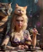 Placeholder: Ultra realistic afternoon photo, happy couple, blonde Alice woman and purple cat smoking a pipe, circus blue dress style, black headband with bow, old school body tattoo, smoke, marihuana garden, glow eyes, perfect iris, soft color, highly detailed, unreal engine 5, ray tracing, RTX, lumen lighting, ultra detail, volumetric lighting, high definition.