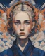 Placeholder: A beautiful portrait of a Singer Danish MØ face, cyberpunk, symmetry, hyperdetailed, painting by Katsushika Hokusai,darkblue and orange tones,