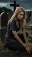 Placeholder: photorealistic hyperdetailed young woman with dirty blonde hair kneeling by a grave with a wooden cross