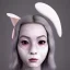 Placeholder: Front Portrait, Cyber rabbit mask teenager woman, color makeup, grey hair, rounded face, geisha style hair, white skin, pattern dress, velvet, vibrant color, cyberpunk style, highly detailed, art stations, concept art, smooth, unreal engine 5, god rays, ray tracing, RTX, lumen lighting, ultra detail, volumetric lighting, 3d, finely drawn, high definition, high resolution, gradient background