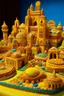 Placeholder: A yellow city made out of cakes and cookies designed in Moroccan rug art painted by the Limbourg brothers