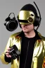 Placeholder: Metallic Cyber-punk style man with a web-camera-mask and old AKG-style headphones with golden rings. Large fencing mask covers man's cheeks. Man in good body shape. Reflective plastic body jacket full-coverage. Body and head full of integrated old-fashioned cameras and an old telephone. . Perfect body. Euclidean 3D-tiling, Escher tiling, background. Cables in head. Daft Punk, Matrix movie black leather jacket with a Hood. Silvery black leather surfaces body. 1990's