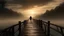 Placeholder: walking straight ahead over a wooden bridge, holding the angel of death with your right hand, entering the fog at the end of the road that leads to the afterlife, a stream from the mountains flows from the right and left, and a beautiful sunset behind the fog, realistic