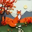 Placeholder: kirigami, by Masaaki Tanaka, quilling paper art. orange fox centered in an autumnal picturesque landscape. 2D collage of torn paper. scrapbook paper collage. Fall colors, Perfect composition, multi-layered, backlight from inside, strong contrast, volumetric lighting