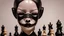 Placeholder: MASKED WOMAN WITH MYSTERIOUS EYES IN A TIGHT BLACK PERIOD COSTUME WITH WHITE LACE RIBBONS, IN FRONT OF A CHESS TABLE WHOSE PIECES ARE STRANGE BIOMORPHOIC CREATURES, CLOSE-UP ON A FOOT DARK BACKGROUND