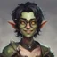 Placeholder: dnd, portrait of cute young orc-elf hybrid femboy, black hair, short hair, curled hair, hair covering one eye, emo hair, round glasses, tusks, sharp teeth, yellow eyes, flat chest, mage, magic, nose ring, pierced ears, twink, smile