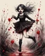 Placeholder: Petit girl goth, run pose, fullbody, splashes blood, behind guts rising from the ground, watercolor illustration by <John Kenn Mortensen>, darkred tones,