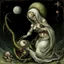 Placeholder: Visual Necromancy, zombie Madonna cradling an anthropomorphic worm baby on the moon, horror art conceived by Hieronymus Bosch, middle-ages surrealist painting, putrescence essence