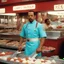 Placeholder: [psychedelic movie by Wes Anderson] Ice-T Fin Tutuola as a butcher in new orlean, vintage 1970's photo