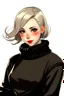 Placeholder: 1girl, blonde hair, black eyes, black sweater, curvy, short hair, simple, background, white background, single person, wide hips, red lipstick, black headband, grey skirt, beige coat