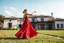 Placeholder: full body close up shot ,country side modern villa wide yard in front of villa ,a beautiful lady in nice long dress dancing,flowers blue sky ,petty clouds