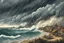 Placeholder: a storm tossed, highly detailed coastal fishing village with ominous thunderheads and pounding surf illustration , finely drawn and inked, 4k, hyper detailed and vibrantly colored