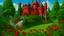 Placeholder: A red castle near a green garden filled with roses painted by Frank Wilson