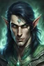 Placeholder: portrait of a light green elf sorcerer male long black hair sapphire eyes muscular
