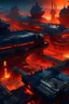 Placeholder: soviet brutalistic modern cyber punk architecture build on the sun, bird view on a city party,a lot of fire and dark buildings, magma underground, glowing hot ground, star wars inspired magma builds, flying street systems with a lot of trafic