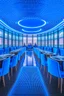 Placeholder: A restaurant with the outer shape of the walls in blue and a white floor, and it contains one table in the middle of the restaurant, and the walls are oval in shape, containing 30 chairs, and the walls are made of glass