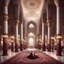 Placeholder: Hyper Realistic photographic-view of lots of Muslims praying inside a huge Mosque-hall-with-white-&-maroon-walls-&-fancy-pillars decorated with traditional-lamps & beautiful carpets at night showing dramatic-&-cinematic-ambiance