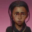 Placeholder: Portrait of a dark skinned 9 year old witch toddler with braided black hair by Jim Kay