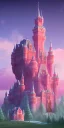 Placeholder: Ice cube shaped castle. pink houses, pink sky, pink smoke, trees, outdoors. street.