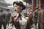 Placeholder: A tough cyborg woman detective watching gangsters outside a temple in a 1950s steampunk Taiwan.