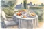 Placeholder: Brunch breakfast on an elegant table in the garden in the background, Castle on the Loire, lake, reflection, sunrise, Misty morning smooth intricate high definition beautiful lighting pencil sketch watercolor polished warm light