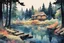 Placeholder: retro anime style, full color, dark serious 1980s anime style, A lake in the forest with a cottage, watercolor, forest,