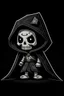 Placeholder: funko skeleton in a black hooded cloak drawn in a retro mascot style, inside a light diamond shape on a black background, monochromatic