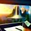 Placeholder: large desk, parquet, sheet of paper, little pen, office chair in front of a huge picture window with large view on a waterfall with warm light, sunset ,pixar style, panorama, nature, globe, HD, Hallelujah mountains, view first person