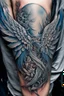 Placeholder: upclose ultra realistic and highly detailed photo of a tattoo, close up texturised image of an angel wing, on the angel wing a name is written -"Jiu-Jitsu", the backgrond is an abstract, chaotic and explosive collage of of vines with thorns and rope knots,.blue and gray,.32k