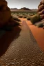 Placeholder: A brown desert with a rocky road designed in Moroccan rug art painted by Henri Robert-Bresil