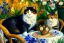 Placeholder: Two cats on a terrace. Auguste Renoir. Perfect brown eyes with perfect iris, perfect pupils.